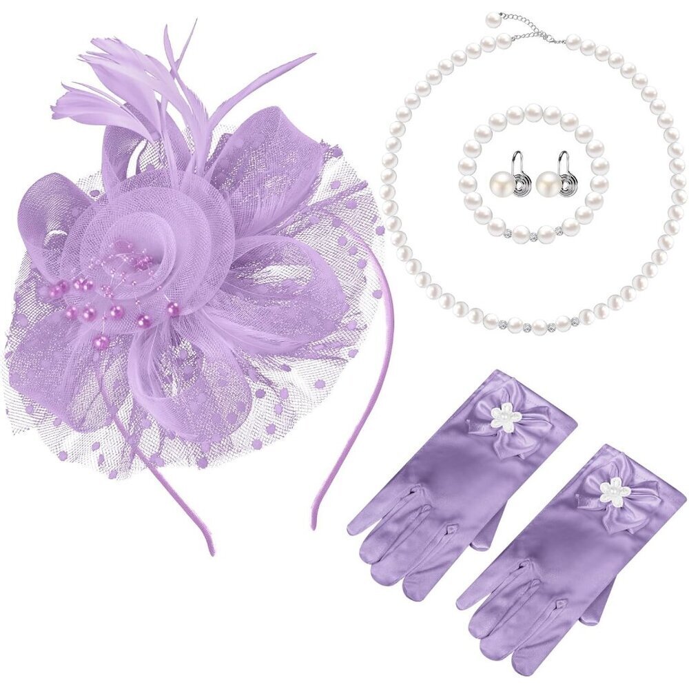 Girls Tea Party Hat Gloves Pearl Necklace Earrings Set Cosplay Accessories